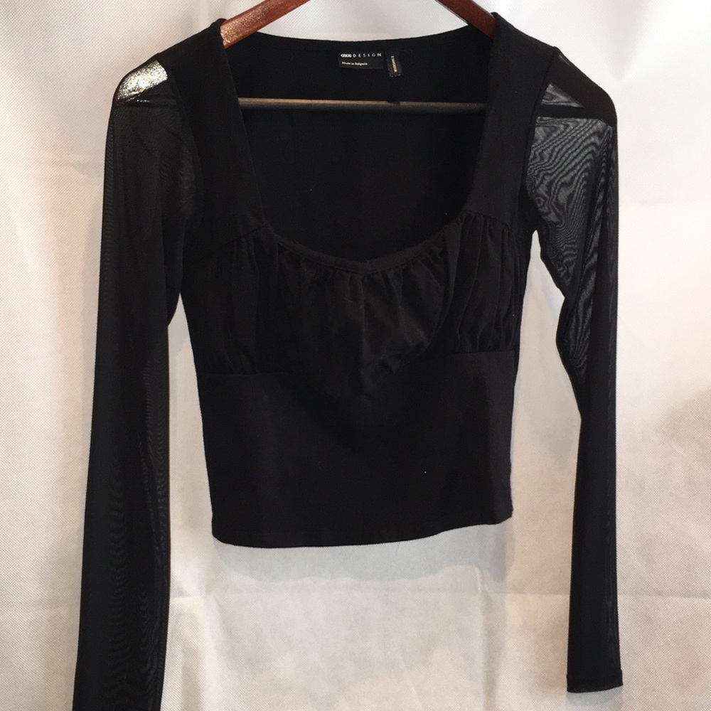 Asos Design Black Crop Top With Sheer Sleeves | Size 2